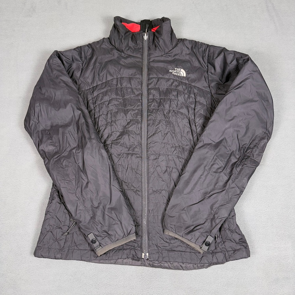 The North Face Womens Small Gray Quilted Insulated Full Zip Jacket Red Collar
